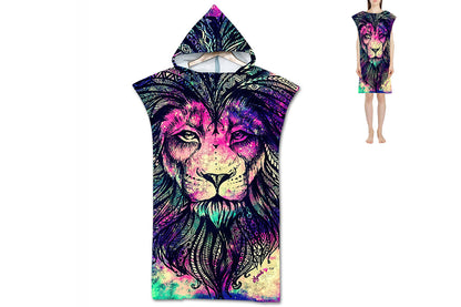 Hooded Beach Towel Unisex  Changing Robe Quick Dry Towel-Purple lion