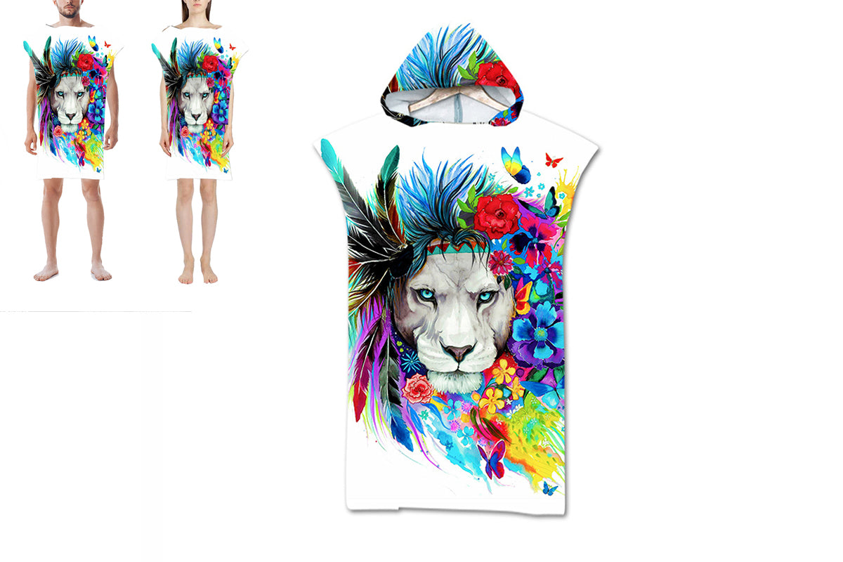 Hooded Beach Towel Unisex  Changing Robe Quick Dry Towel-White lion