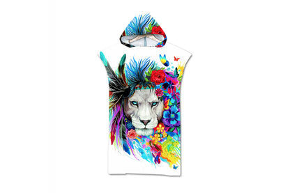 Hooded Beach Towel Unisex  Changing Robe Quick Dry Towel-White lion