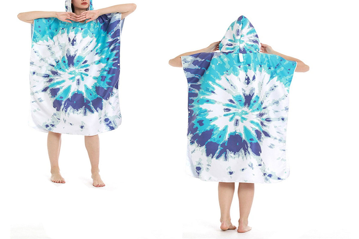 Poncho Towel Adult Hooded Quick Dry Changing Robe-Blue white