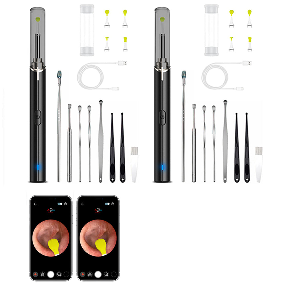 2sets Ear Wax Removal Tool Built-in WiFi with 1080P HD Camera Ear Scope Wax Cleaning Kit Compatible with iPhone iPad Android iOS -Black