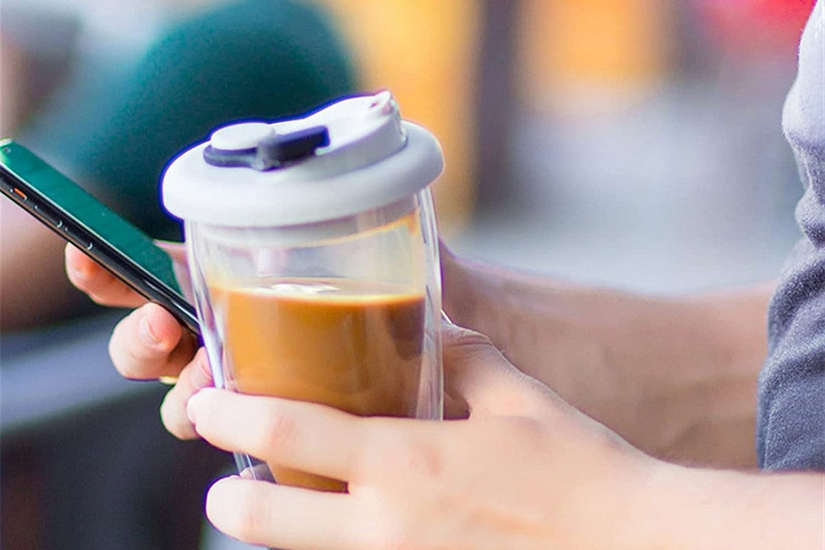 Double Walled Glass Juice Cup With Silicone Leak-Proof Cover-Black