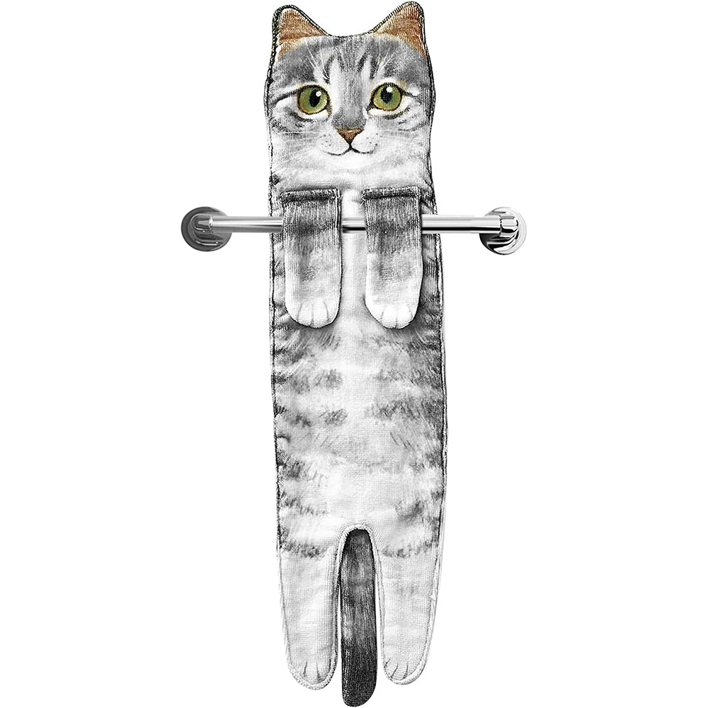 Cute Cat Quick-Dry Hanging Hand Towels Decorative for Bathroom Kitchen-Gray