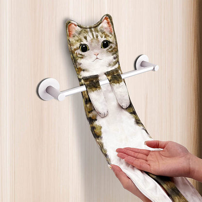 Cute Cat Quick-Dry Hanging Hand Towels Decorative for Bathroom Kitchen-Light Brown