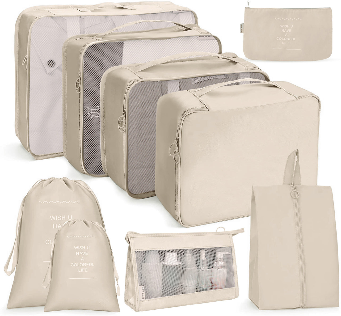 9Pcs Packing Cubes Travel Pouches Luggage Organizer Clothes Suitcase Storage Bag -Beige