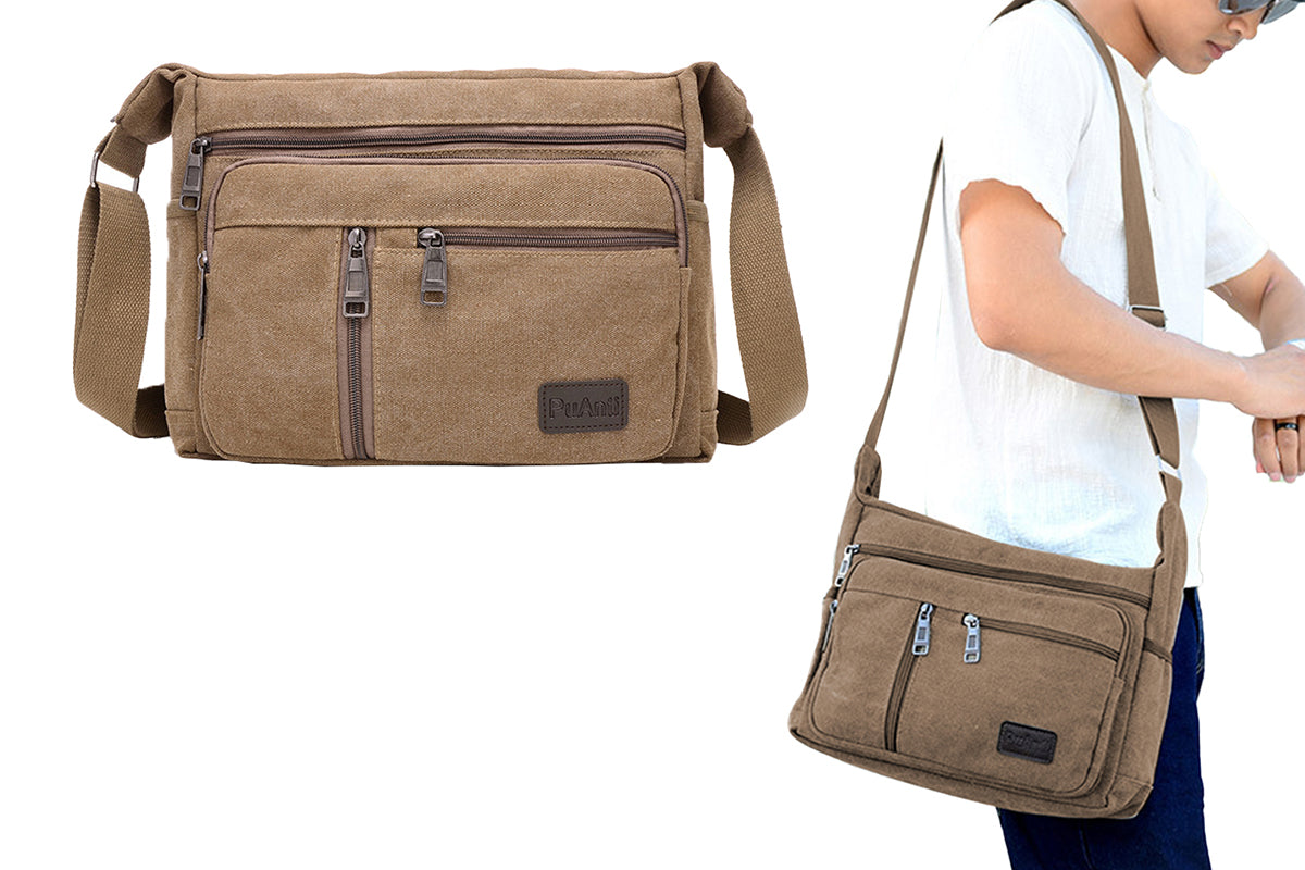 Men Vintage Crossbody Canvas Messenger Shoulder Bag-Brown