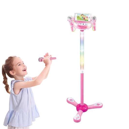Microphone with Stand Karaoke Machine Musical Singing Toy with 2 Microphones -Pink