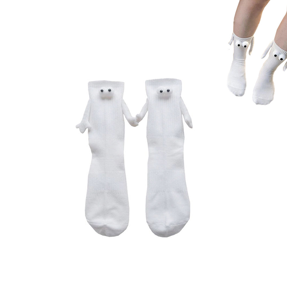 Pair of Funny Magnetic Suction 3D Doll Couple Holding Hands Socks for Women Men White