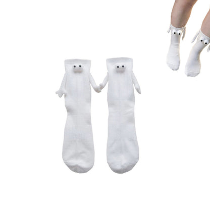 Pair of Funny Magnetic Suction 3D Doll Couple Holding Hands Socks for Women Men White