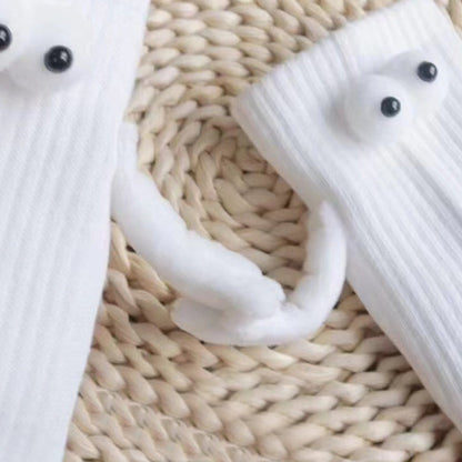 Pair of Funny Magnetic Suction 3D Doll Couple Holding Hands Socks for Women Men White