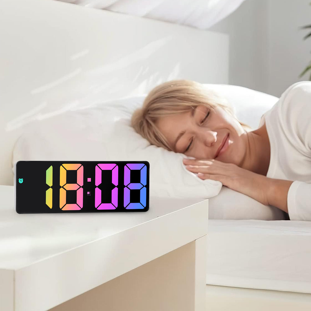 Digital Alarm Clock Colorful Display LED Clock for Bedroom Electronic Desktop Clock Black