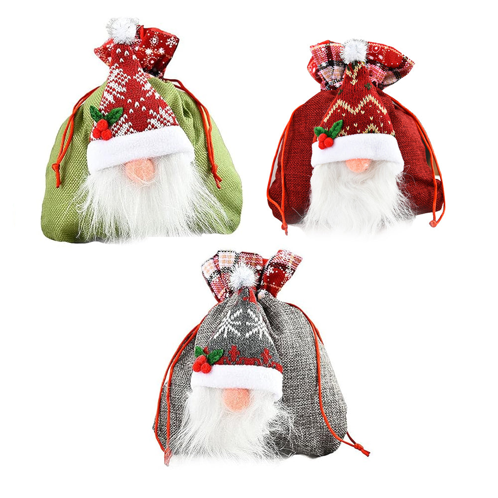 3Pcs 3D Faceless Santa Christmas Gift Bags Candy Bags Christmas Favor Bags Drawstring Bags