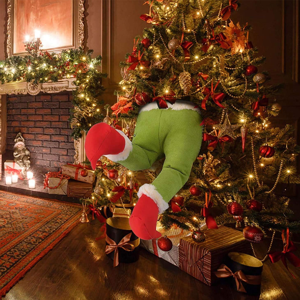 2pcs Christmas Elf Green Hand Tree Topper Xmas Arm Plush Doll Ornament for Christmas Party Decorations-Green Hand and Elf Leg