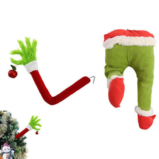 2pcs Christmas Elf Green Hand Tree Topper Xmas Arm Plush Doll Ornament for Christmas Party Decorations-Green Hand and Elf Leg