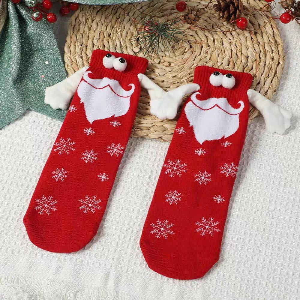 3pcs Magnetic Holding Hands Socks Christmas Novelty Socks Gifts for Friends Couples Bestie-Black Snowflake and White Bearded and Green Snowflake