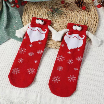 3pcs Magnetic Holding Hands Socks Christmas Novelty Socks Gifts for Friends Couples Bestie-Black Snowflake and White Bearded and Green Snowflake