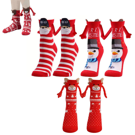 3pcs Magnetic Holding Hands Socks Christmas Novelty Socks Gifts for Friends Couples Bestie-Santa Clause and Snowman and Red Elk