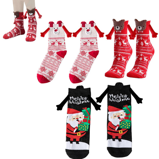 3pcs Magnetic Holding Hands Socks Christmas Novelty Socks Gifts for Friends Couples Bestie-White Elk and Fox and Black Santa Clause
