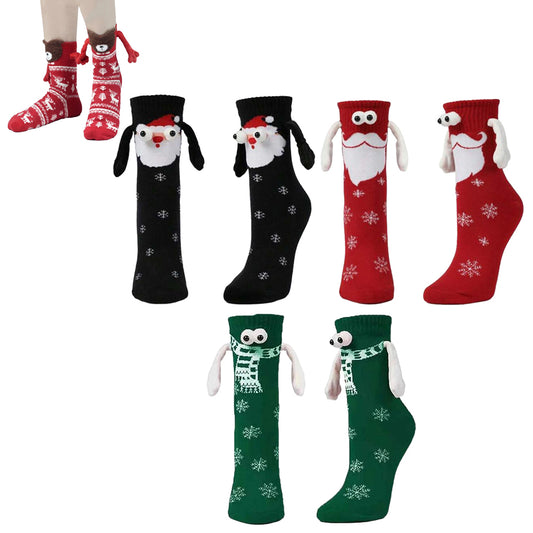 3pcs Magnetic Holding Hands Socks Christmas Novelty Socks Gifts for Friends Couples Bestie-Black Snowflake and White Bearded and Green Snowflake