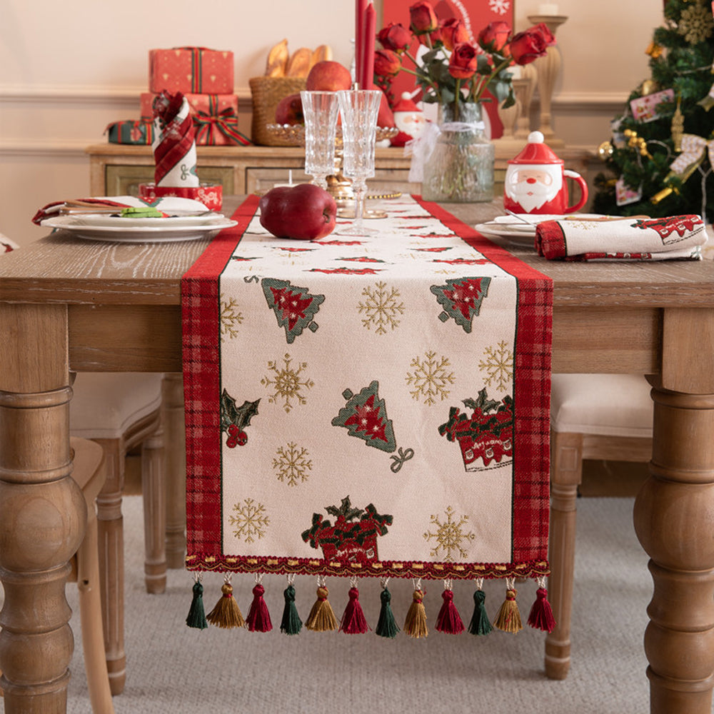 Christmas Jacquard Tassel Table Runner Xmas Table Cover Style 1