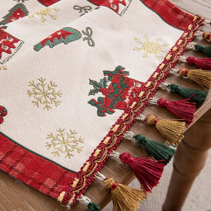 Christmas Jacquard Tassel Table Runner Xmas Table Cover Style 1