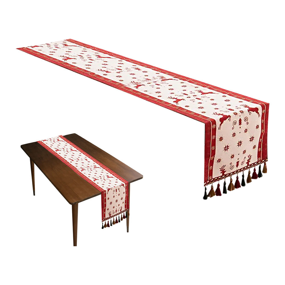 Christmas Jacquard Tassel Table Runner Xmas Table Cover Style 2