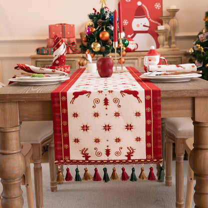 Christmas Jacquard Tassel Table Runner Xmas Table Cover Style 2
