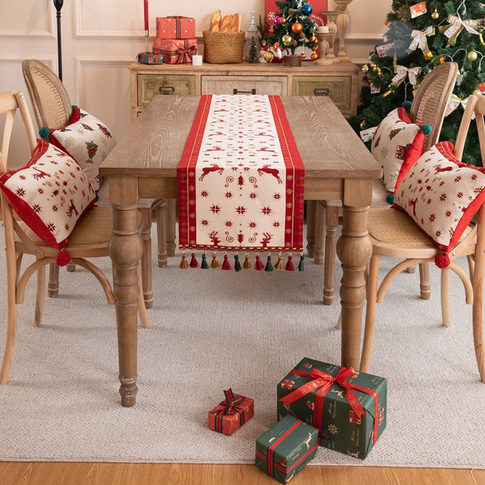 Christmas Jacquard Tassel Table Runner Xmas Table Cover Style 2