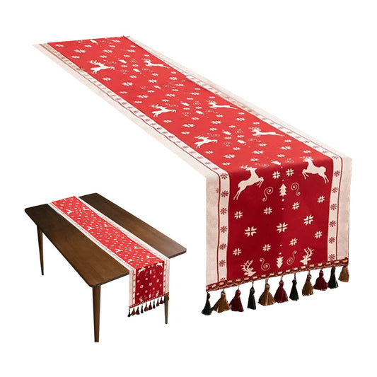 Christmas Jacquard Tassel Table Runner Xmas Table Cover