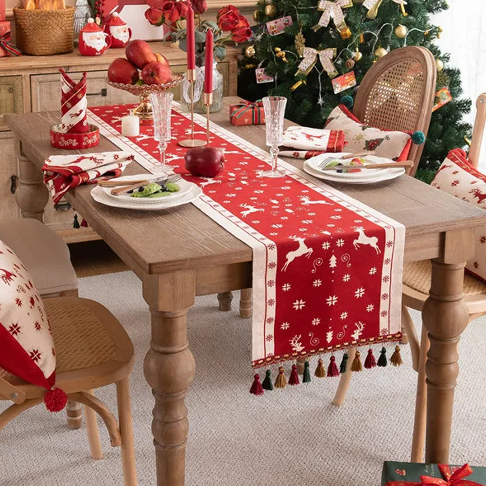 Christmas Jacquard Tassel Table Runner Xmas Table Cover