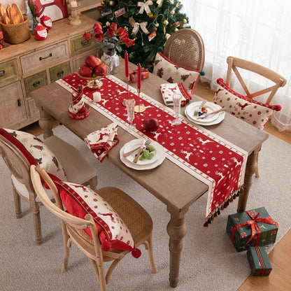 Christmas Jacquard Tassel Table Runner Xmas Table Cover