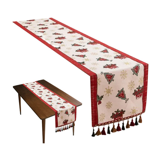 Christmas Jacquard Tassel Table Runner Xmas Table Cover Style 1