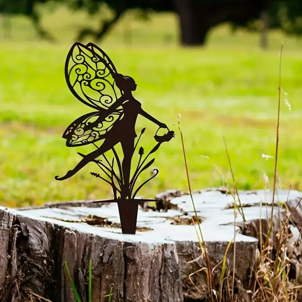 1Pc Fairy Silhouette Stake Outdoor Garden Metal Statue Sculpture Decor - Style 1