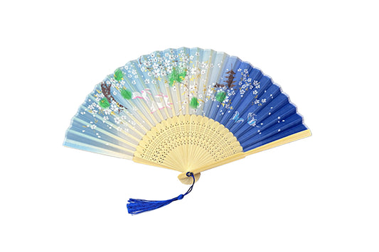 Handheld Fan Folding Retro Bamboo Handmade Fan Gift Decoration for Home Party Wedding-Blue