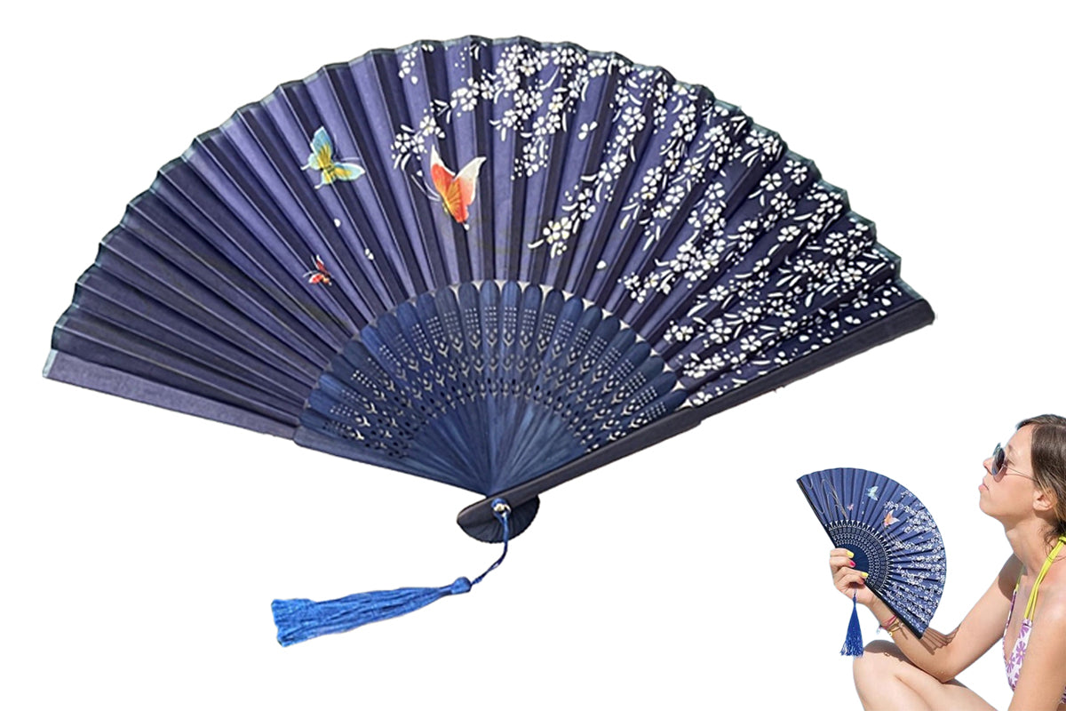 Handheld Fan Folding Retro Bamboo Handmade Fan Gift Decoration for Home Party Wedding-Navy Blue