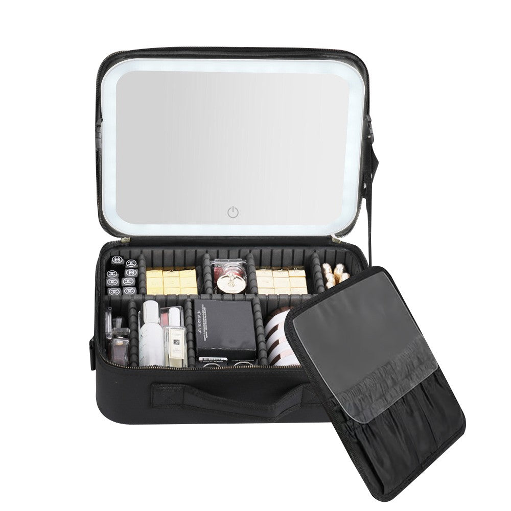 Portable Travel Large Makeup Case with LED Light Makeup Mirror Rechargeable Makeup Bag Black