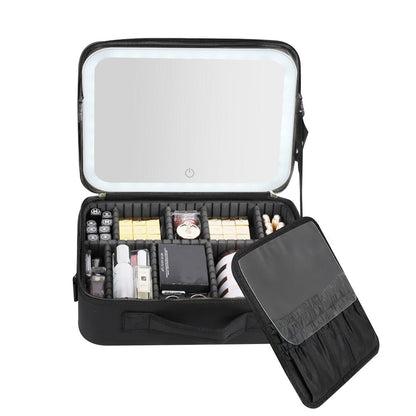 Portable Travel Large Makeup Case with LED Light Makeup Mirror Rechargeable Makeup Bag Black