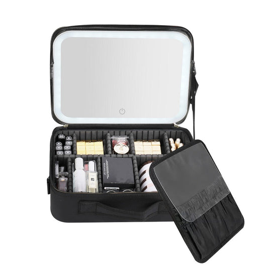 Portable Travel Large Makeup Case with LED Light Makeup Mirror Rechargeable Makeup Bag Black