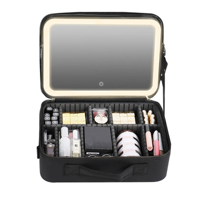 Portable Travel Large Makeup Case with LED Light Makeup Mirror Rechargeable Makeup Bag Black