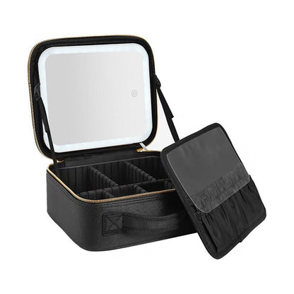 Portable Travel Makeup Case with LED Light Makeup Mirror Rechargeable Makeup Bag Black