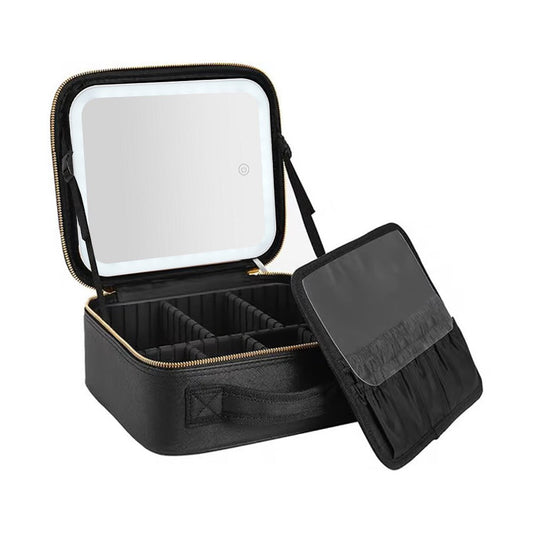 Portable Travel Makeup Case with LED Light Makeup Mirror Rechargeable Makeup Bag Black