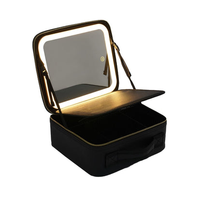 Portable Travel Makeup Case with LED Light Makeup Mirror Rechargeable Makeup Bag Black