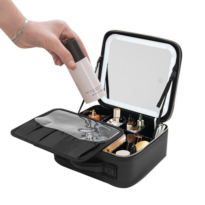 Portable Travel Makeup Case with LED Light Makeup Mirror Rechargeable Makeup Bag Black
