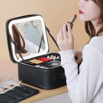 Portable Travel Makeup Case with LED Light Makeup Mirror Rechargeable Makeup Bag Black