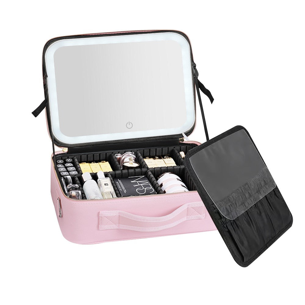 Portable Travel Large Makeup Case with LED Light Makeup Mirror Rechargeable Makeup Bag Pink