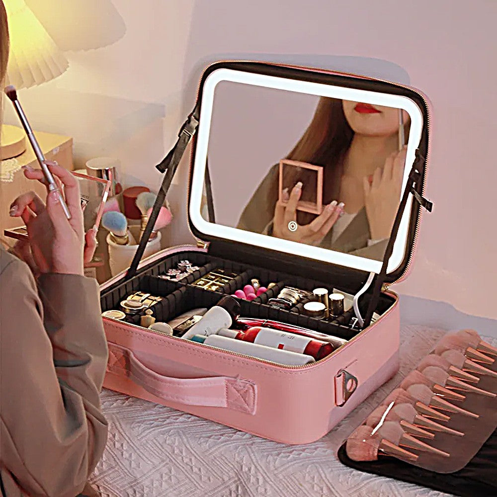 Portable Travel Large Makeup Case with LED Light Makeup Mirror Rechargeable Makeup Bag Pink