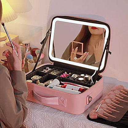 Portable Travel Large Makeup Case with LED Light Makeup Mirror Rechargeable Makeup Bag Pink