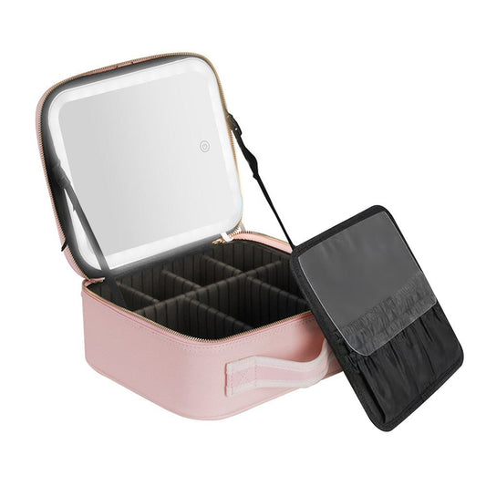 Portable Travel Makeup Case with LED Light Makeup Mirror Rechargeable Makeup Bag Pink