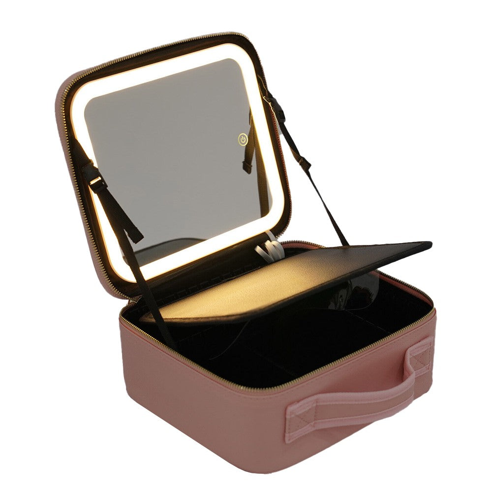 Portable Travel Makeup Case with LED Light Makeup Mirror Rechargeable Makeup Bag Pink