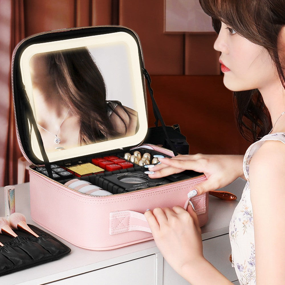 Portable Travel Makeup Case with LED Light Makeup Mirror Rechargeable Makeup Bag Pink